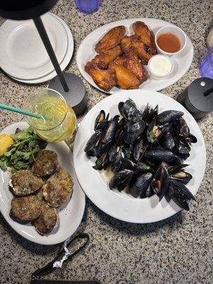 Baked Clams, Mussles , Wings