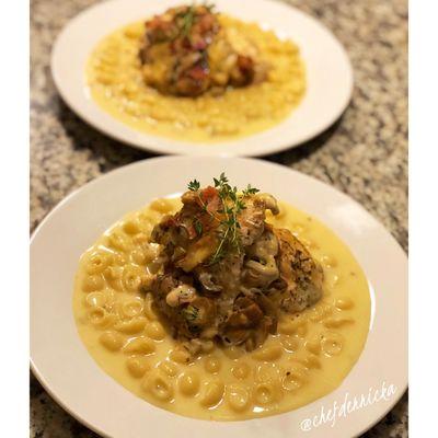 Creamy Bacon Mushroom Chicken over Truffle Mac n Cheese