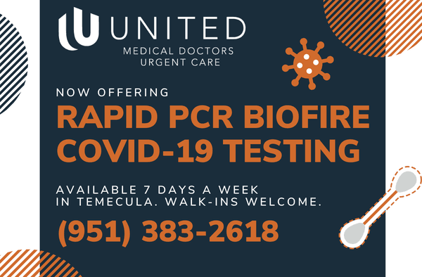 Rapid PCR COVID-19 Testing now available in Temecula at United Medical Doctors Urgent Care! https://unitedmdurgentcare.com/index.php/covid19