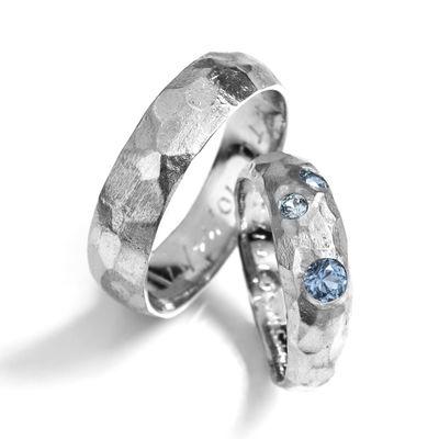 Chiseled Platinum Wedding Bands with Montana Sapphires