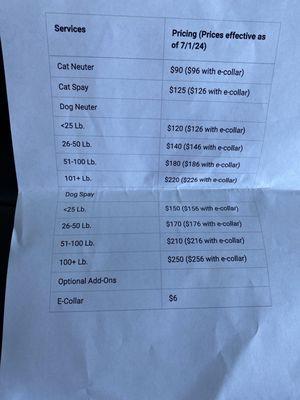 I got a printout of prices of cat/dog neuter/spay for anyone interested! This is for June/July 2024