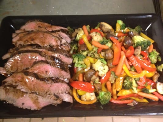 Balsamic marinated flank steak w/ fresh vegetable stir-fry