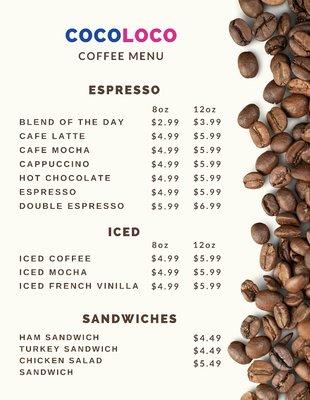 Coffee Menu