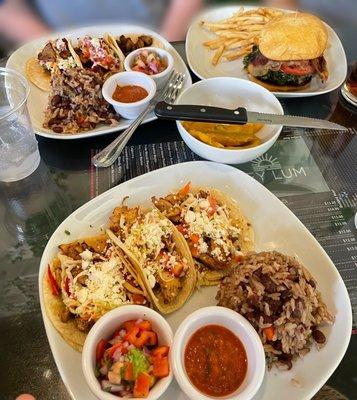 Chicken Tacos, Pork Tacos, Chimichurri Burger, and Tostones