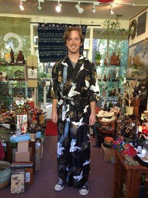 A handsome boy doesn't mind be a molded of our  beautiful kimono in Sugi Fine Bedding & Gifts!