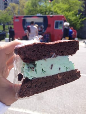 Brownie Ice Cream Sando, mint chocolate chip flavor (cut in half cause it's a chunker!)