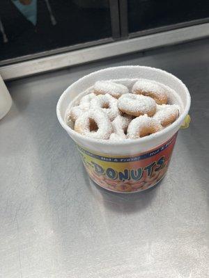 Powdered Sugar Mini Donuts in a Bucket