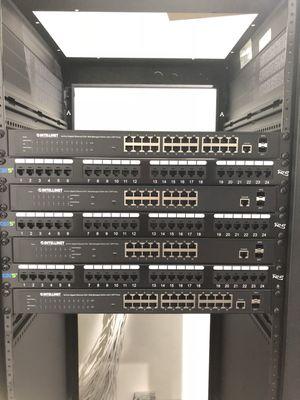 PoE Ethernet switch installed with patch panels