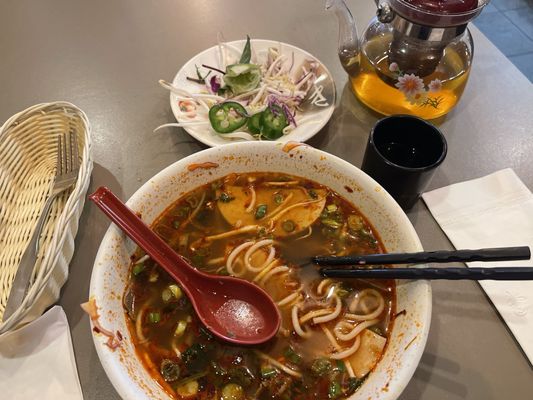 15. Beef and Pork Spicy Noodle Soup and hot Jasmine Tea