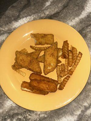 Hushpuppy Breaded Fish Strips 5pc, Crinkle Fries (Large), Mozzarella Sticks (6 ea.)