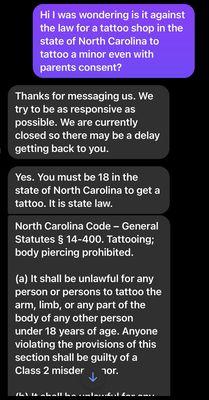 Conversation with a different North Carolina tattoo shop I spoke with