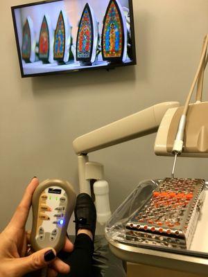 They play anything you want on Netflix and their dental chair has a heat and massage feature to make you feel relaxed.