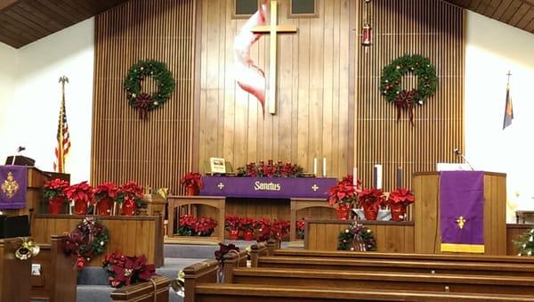 Church decorated for December