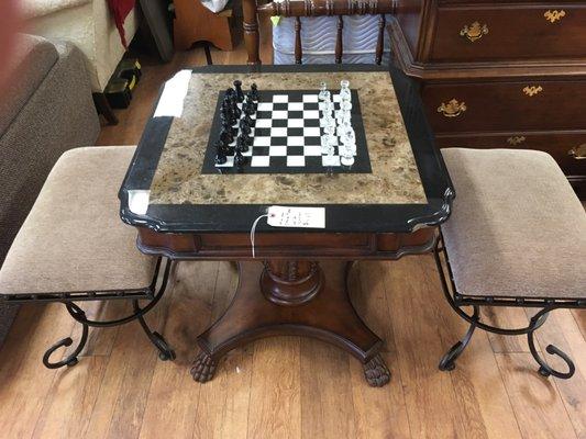 Great marble top chess or checker table and benches.