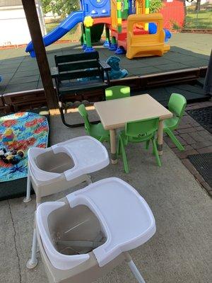 outside seating available   for meals/snacks and other activities under our covered patio in our large fenced-in yard.