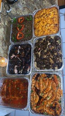 Haitian Black Rice , Mac & Cheese, Jerk Chicken, Jerk Shrimp Rasta Pasta, Sweet Thai Chili salmon, Sweet Chicken Strips Rasta Pasta