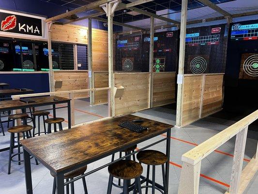 Kiss My Axe - Watertown uses systems add a new twist to standard axe throwing venues. By utilizing a projected targets on end grain target!