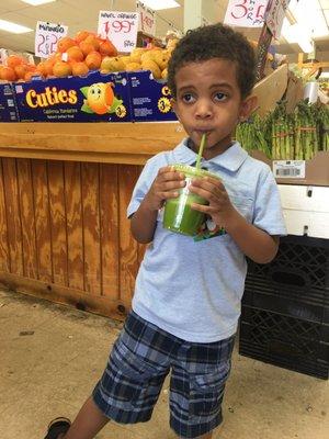 Liam enjoying a juice after his dentist appointment