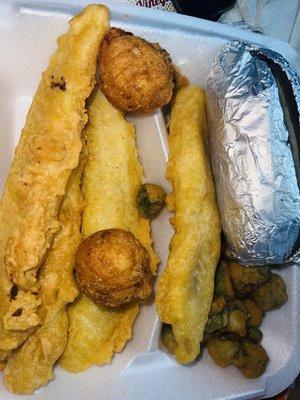 Breaded fish , hush puppies, and okra