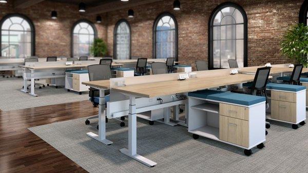 Sit-to-stand or standup desk or height adjustable desk and credenzas with office chairs