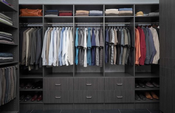 Licorice closet with drawers, hanging and shelves above