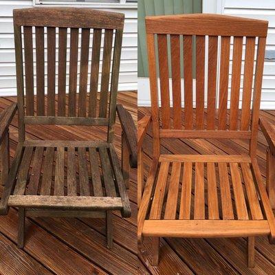 Client reconsidered throwing out their old, but very well made, outdoor furniture after we washed, sanded and sealed a sample chair for them