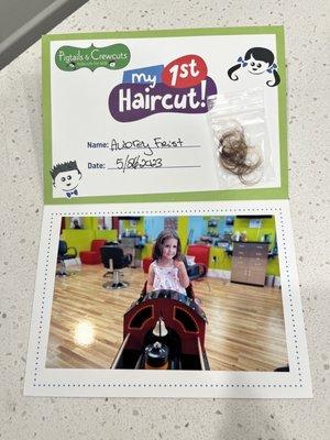 This is what comes with the My 1st Haircut package + a small toy for your child to choose from the treasure chest.