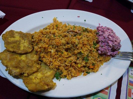 Tuna fish with rice, russian salad and green plantains