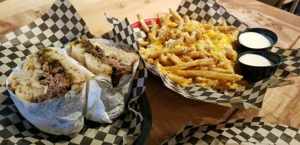 Prime rib sandwich and garlic cheese fries.