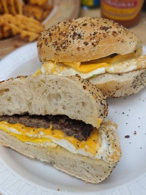 Sausage, egg, cheese on everything bagel. Delicious!