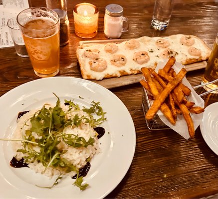 Shrimp Scampi on Flatbreads and Lemon Asparagus Risotto