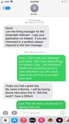 Texts from two different hiring managers with two different texts one is telling me that they'll be able to work with the days I want off