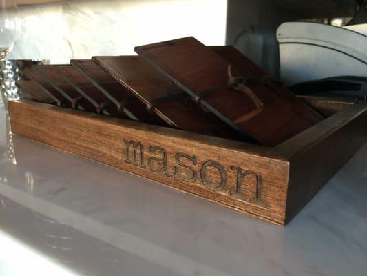 Custom engraving for restaurant Mason