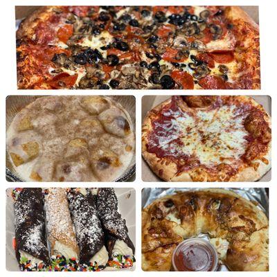 Pepperoni/mushroom/olive, cinnamon sugar rounds, cheese, cannoli, calzone