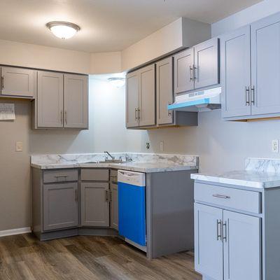 Base and wall cabinets in early stage of apartment kitchen renovation.