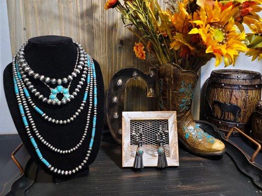 Squash Blossom Pendant with Navajo Style Beads. Concho Tassle Loop Earrings.