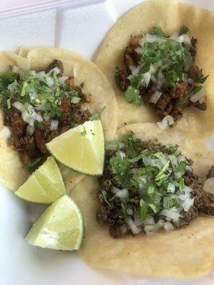 Carne Asada taco,& Campechano (steak, carnitas chorizo)