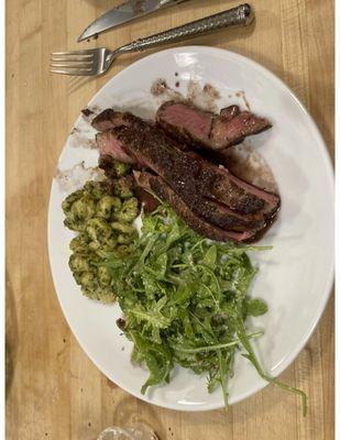 Bold Tuscan Flavors-strip steak, potato gnocchi with pesto, arugala salad and mint gelato