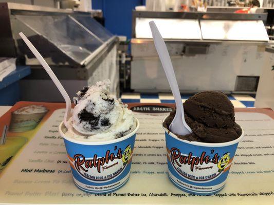 Cookies and cream and peanut butter cookie dough creme ice on the left; chocolate fudge creme ice on the right