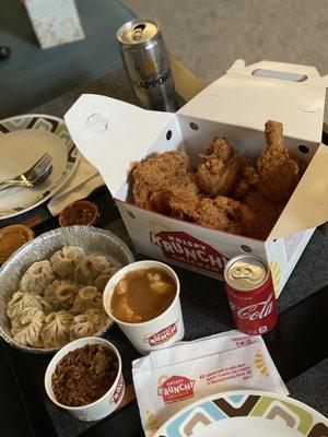 Chicken MOMO Chicken 10 Pc ( Chicken Dumplings), Mashed Potato & Gravy,  jambalaya, and 12 Pc Mixed Meat Party Pack