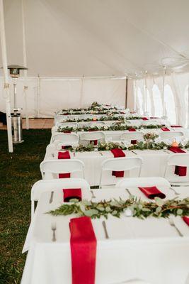 Tent, dance floor, lights, tables, chairs, and table cloths all from Party Place Rental.