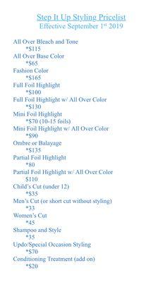 Updated price list. Waxing prices stay the same!