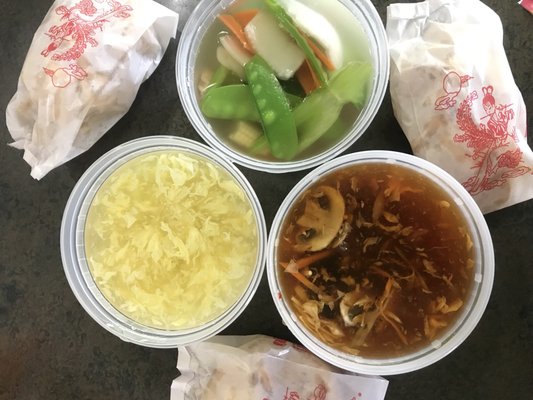 1/2 quart of soups under $3 each. Hot and sour, veggie, egg drop. Served with fried noodles for each.