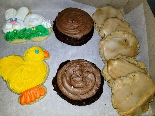 Fluffy bunny and chickie cookies, chocolate frosted chocolate, and pecan nougat cookies