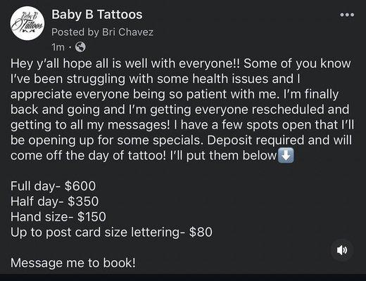 Baby B Instagram post about deposit being applied to tattoo.