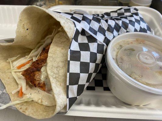 One of our fish "tacos" with our house clam chowder