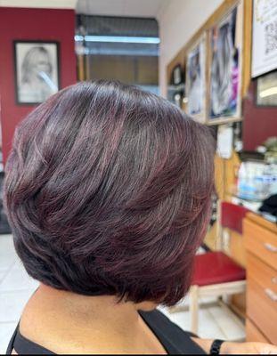 Burgundy color and layered cut by Lynn