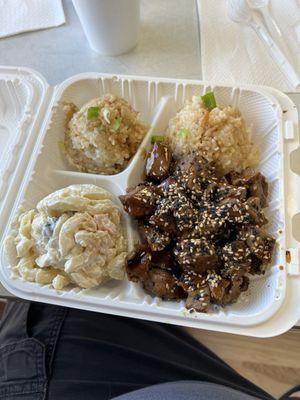 Teriyaki beef with Hawaiian fried rice and macaroni salad.