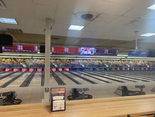 Views of the bowling lanes and scoreboards