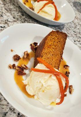 Carrot Cake with Honey Glazed Carrots, Pecans, Caramel and Vanilla Bean Ice Cream